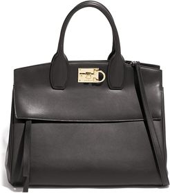 Medium The Studio Leather Top Handle Bag - Black