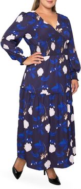 Plus Size Women's Standards & Practices Floral Smock Waist Long Sleeve Georgette Maxi Dress