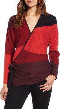 New Wave Colorblock Faux Wrap Sweater