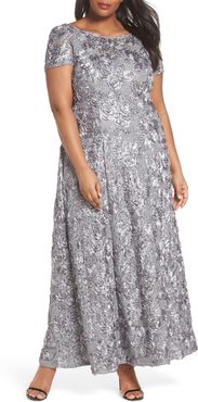 Plus Size Women's Alex Evenings Rosette Lace Short Sleeve A-Line Gown
