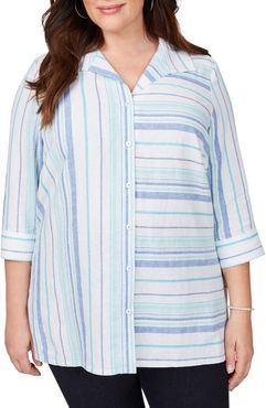 Plus Size Women's Foxcroft Santino Bahama Dobby Stripe Button Detail Shirt
