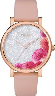 Timex Full Bloom Crystal Floral Leather Strap Watch, 38mm
