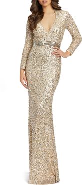 Sequin Queen Anne Neck Long Sleeve Sheath Gown