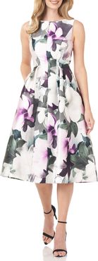 Floral Sleeveless A-Line Mikado Cocktail Midi Dress