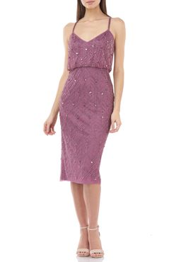 Beaded Leaf Blouson Cocktail Dress