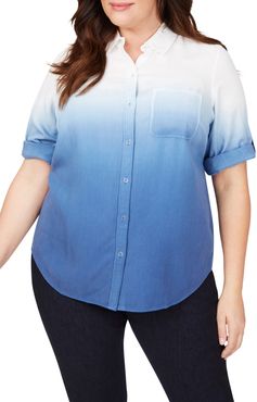 Plus Size Women's Foxcroft Terry Ombre Button Front Shirt