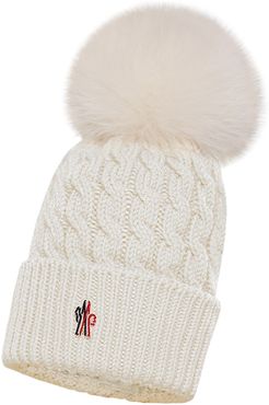 Moncler Cable Virgin Wool Beanie With Genuine Fox Fur Pom - Ivory