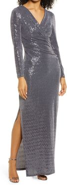 Sequin Wrap Front Long Sleeve Gown