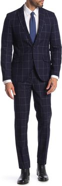 SAVILE ROW CO Brixton Navy Windowpane Two Button Notch Lapel Wool Skinny Fit Suit at Nordstrom Rack