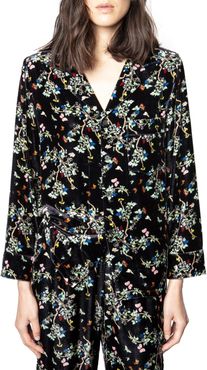 Floral Print Button Front Velvet Shirt