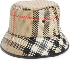 Check Woven Leather Bucket Hat - Beige