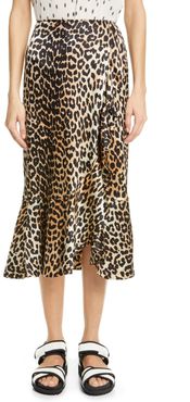 Leopard Print Ruffle Stretch Silk Skirt