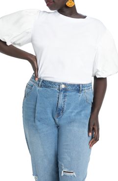 Plus Size Women's Eloquii Poplin Puff Sleeve Cotton Blend Top