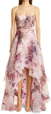 Strapless Floral Organza High/low Gown