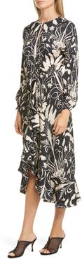 Floral Ruffle Trim Long Sleeve Jacquard Midi Dress