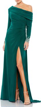 One-Shoulder Long Sleeve Jersey Gown