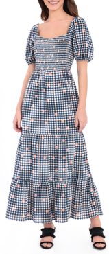 Gingham Dot Puff Sleeve Midi Dress