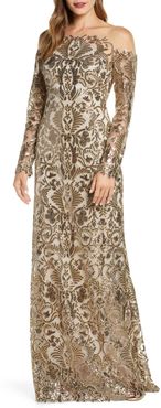 Embellished Illusion Long Sleeve Evening Gown
