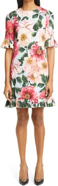 Camellia Print Ruffle Trim Stretch Cady Dress