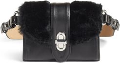 Faux Fur Trim Leather Belt Bag - Black
