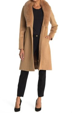 Sofia Cashmere Genuine Fox Fur Collar Single Breasted Wool Blend Coat at Nordstrom Rack