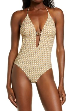 Basket Weave Print Ring One-Piece Swimsuit
