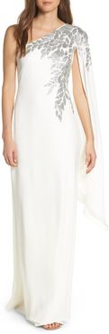 One-Shoulder Cape Sleeve Crepe Gown