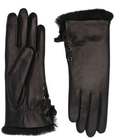 Side Tie Genuine Rabbit Fur Lined Lambskin Leather Gloves