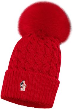 Moncler Cable Virgin Wool Beanie With Genuine Fox Fur Pom - Red