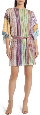 Metallic Stripe Belted Cover-Up Tunic Dress