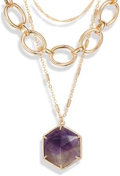 Halogen Hexagon Stone Pendant Layered Collar Necklace