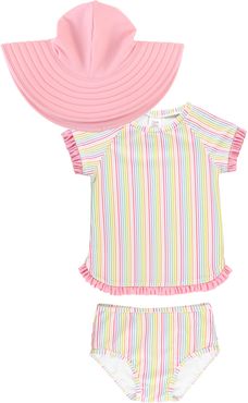 Girl's Rufflebutts Kids' Rainbow Stripe Two-Piece Rashguard Swimsuit & Floppy Sun Hat Set