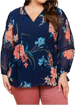 Plus Size Women's Daniel Rainn Floral Print Lace Trim Split Neck Top