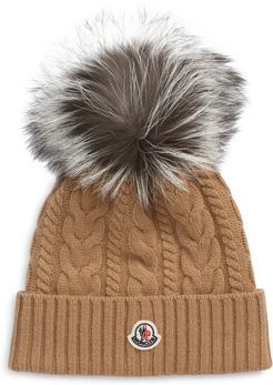 Cable Wool & Cashmere Beanie With Genuine Fox Fur Pom - Brown