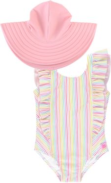 Girl's Rufflebutts Kids' Rainbow Stripe One-Piece Swimsuit & Floppy Sun Hat Set