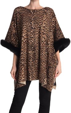 Sofia Cashmere Wool Blend Leopard Print Genuine Fox Fur Trim Poncho at Nordstrom Rack