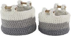 Willow Row Large Round White, Gray & Blue Striped Cotton Rope Storage Baskets with Teak Wood Handles - Set of 2 at Nordstrom Rac
