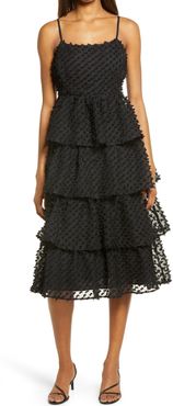 Flirting With You Pompom Tiered Ruffle Cotton Blend Dress
