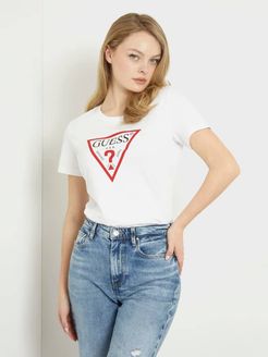 Guess, Donna, T-Shirt Logo Triangolo, Bianco, XXL 