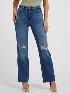 Guess, Donna, Jeans Straight Con Abrasioni, Blu, 32 