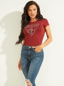 Guess, Donna, T-Shirt Stretch Logo Triangolo Con Strass, Rosso, XL 