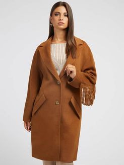 Guess, Donna, Cappotto In Misto Lana Con Frange, Marrone, L 