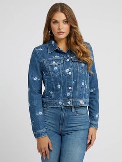 Guess, Donna, Giacca Jeans Con Ricamo Floreale, Blu, XL 