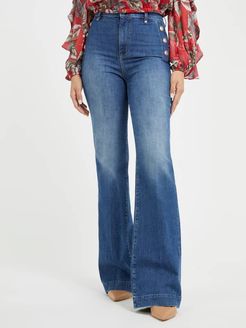 Guess, Donna, Jeans Svasato Bottoni A Vista, Blu, 32 