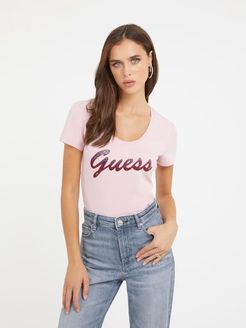 Guess, Donna, T-Shirt Stretch Logo Frontale Con Strass, Rosa, XL 