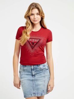 Guess, Donna, T-Shirt Stretch Logo Triangolo Con Strass, Rosso, L 