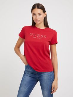 Guess, Donna, T-Shirt Logo Frontale Con Strass, Rosso, S 