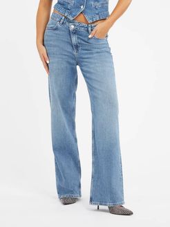 Guess, Donna, Jeans Relaxed A Vita Media, Azzurro, 34 