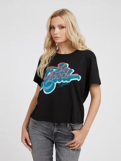Guess, Donna, T-Shirt Stampa Frontale, Nero, XL 