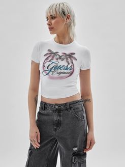 Guess Originals, Donna, T-Shirt Cropped Stampa Frontale, Bianco, L 
